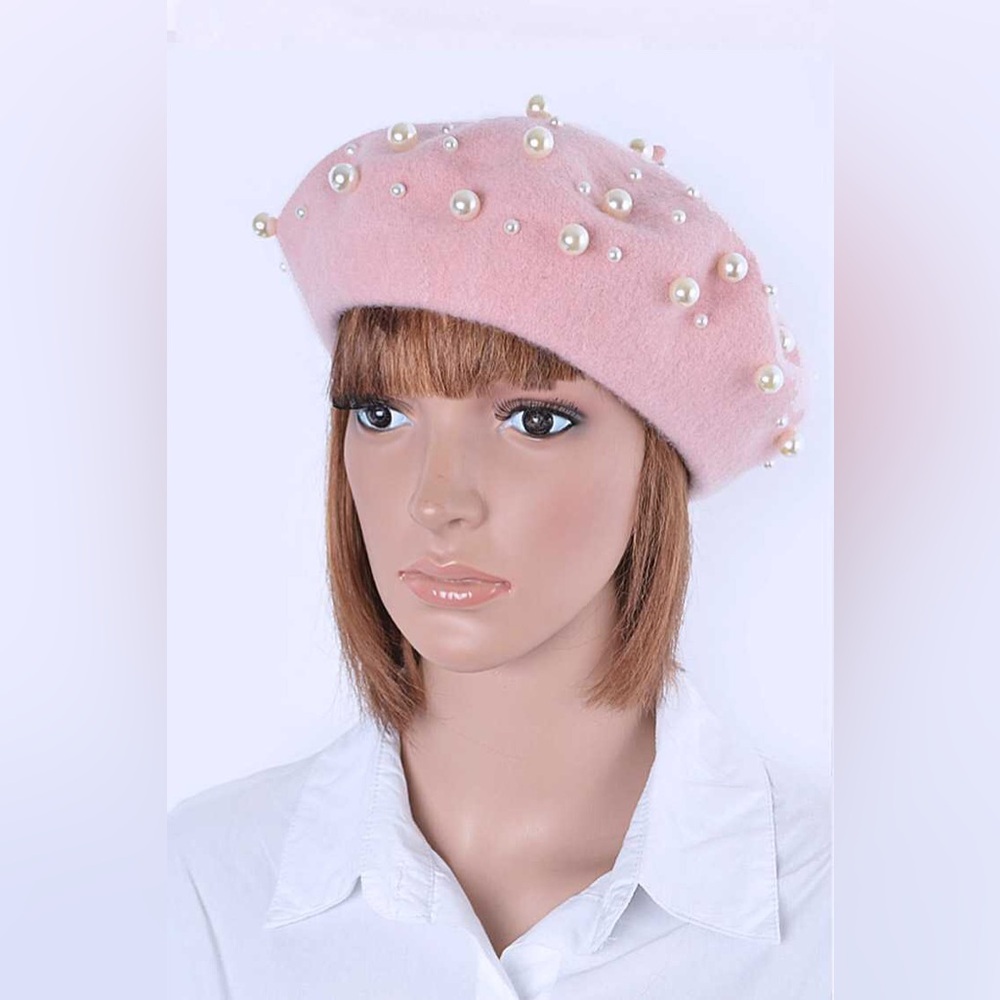 Pink Beret With Pearls and Metal Accents